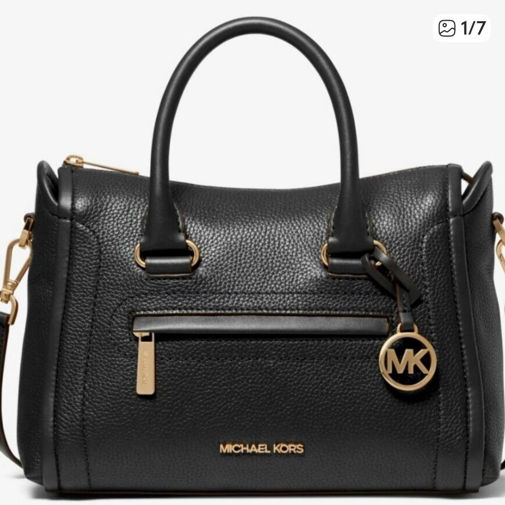 Michael Kors Black Pebbled Leather Satchel with Gold Accents